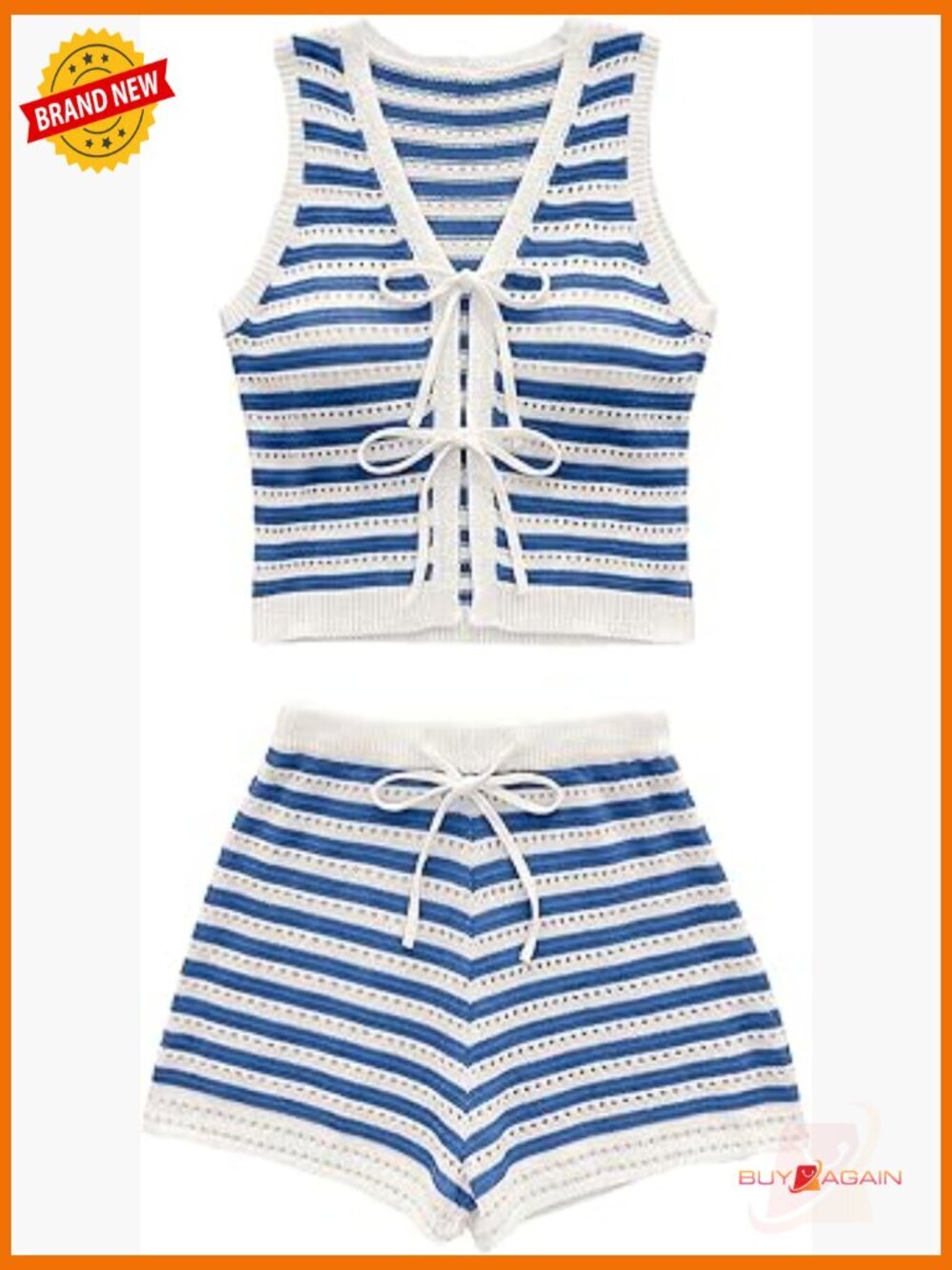 Crochet 2 Piece Short Set Striped Tie Front Top Shorts Outfit Vacation